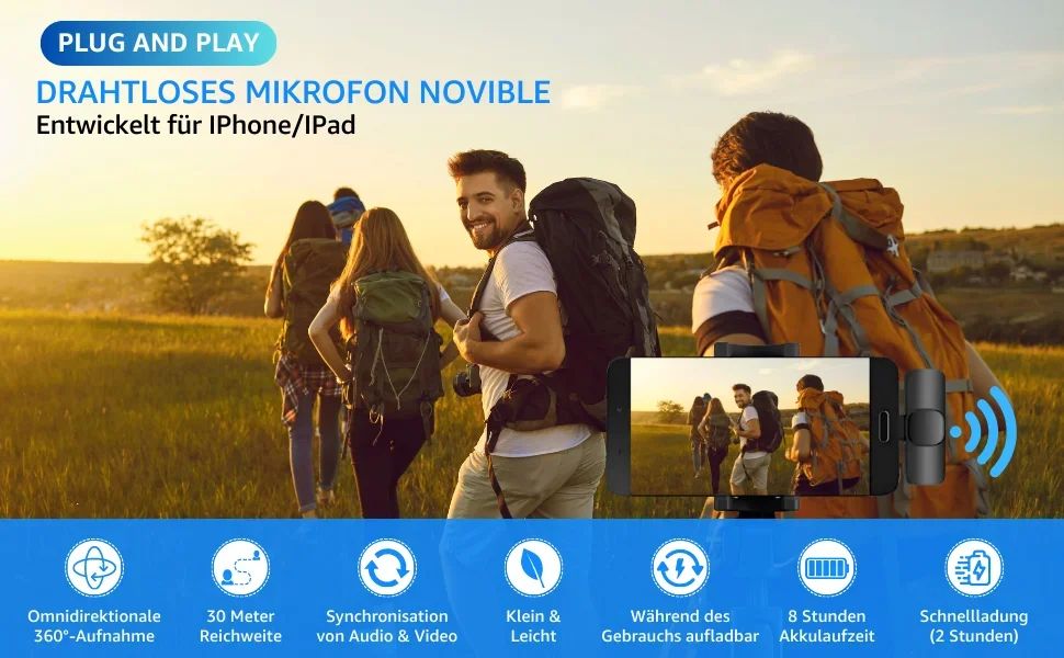 Microfone de lapela sem fio para iPhone Android Plug and Play Microfone sem fio