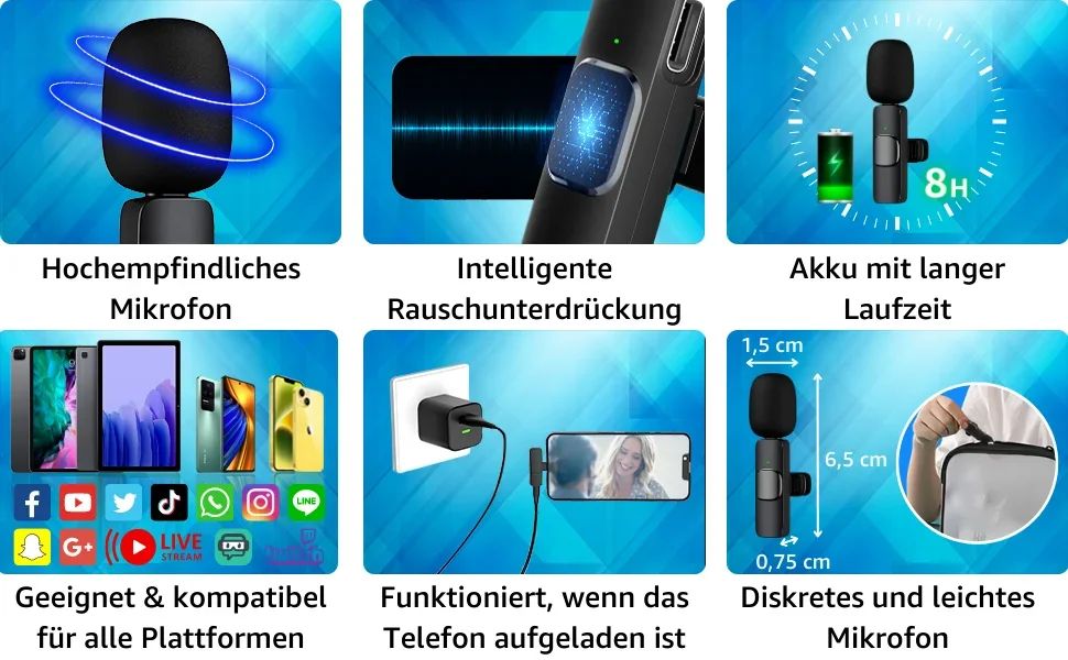 Microfone de lapela sem fio para iPhone Android Plug and Play Microfone sem fio