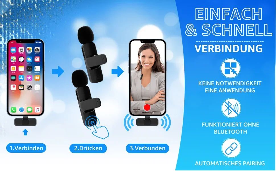 Microfone de lapela sem fio para iPhone Android Plug and Play Microfone sem fio